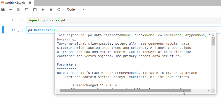 Image of jupyter IDE with the shift tab applied and a help screen appearing