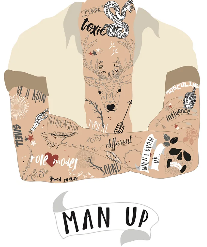 The Man Up (play) poster art designed by Emily Cerra, showing a person's torso in an open shirt covered in tattoos of phrases like role models, toxic, masculine, etc