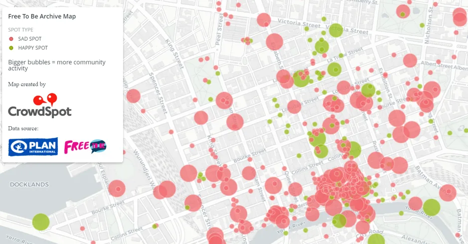 Heatmap of Melbourne CBD showing community contributed spots of reported sexual harassment or assault