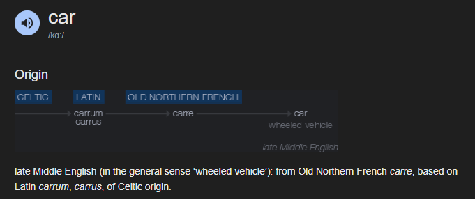 Image breaking down the etymology of the word 'car' from a Google Search